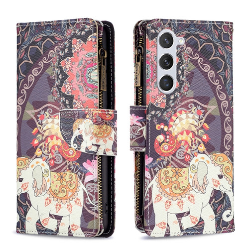 Samsung Galaxy S24 5G Colored Drawing Pattern Zipper Leather Phone Case - Flower Elephant