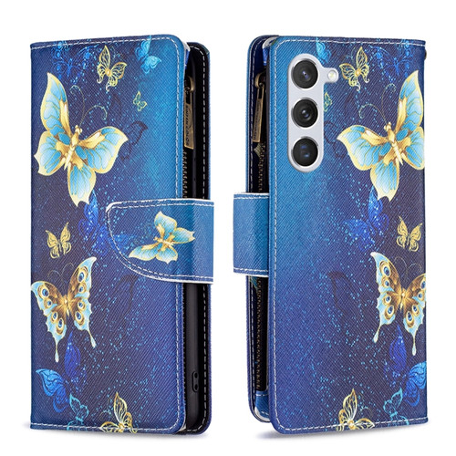 Samsung Galaxy S24 5G Colored Drawing Pattern Zipper Leather Phone Case - Gold Butterfly