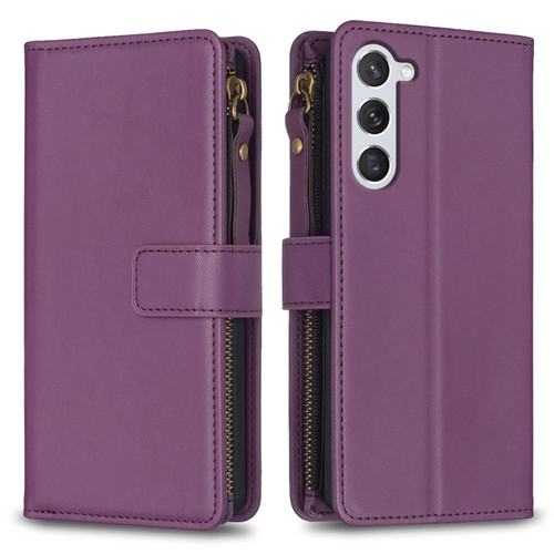 Samsung Galaxy S24 5G 9 Card Slots Zipper Wallet Leather Flip Phone Case - Dark Purple