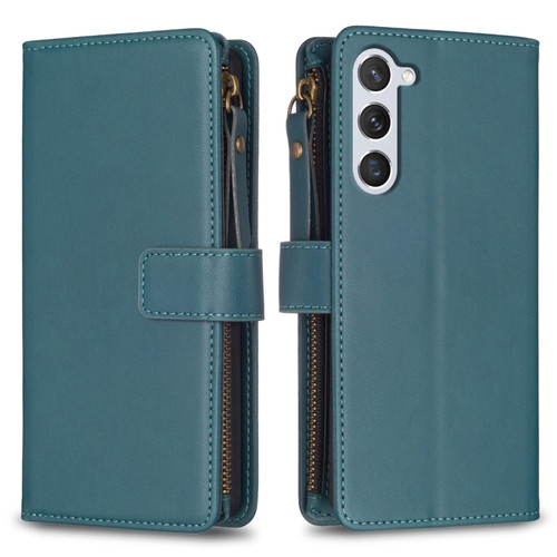 Samsung Galaxy S24 5G 9 Card Slots Zipper Wallet Leather Flip Phone Case - Green