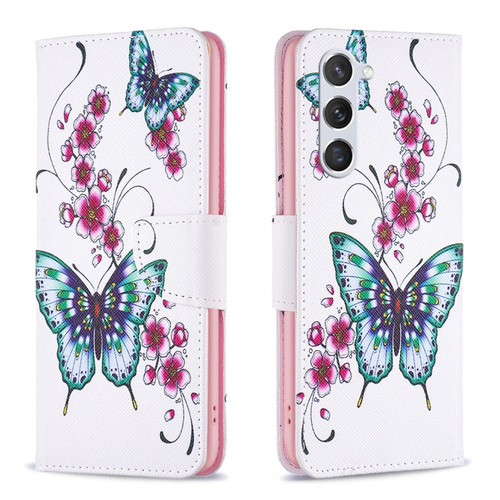 Samsung Galaxy S24 5G Colored Drawing Pattern Leather Phone Case - Flowers Butterfly