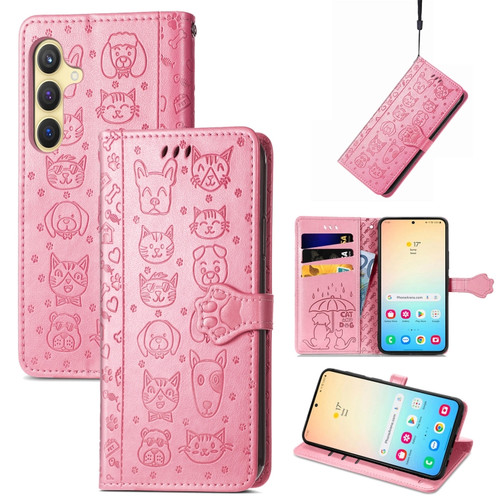 Samsung Galaxy S24 5G Cat and Dog Embossed Leather Phone Case - Pink