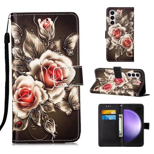 Samsung Galaxy S24 5G Colored Drawing Pattern Plain Weave Leather Phone Case - Roses On Black