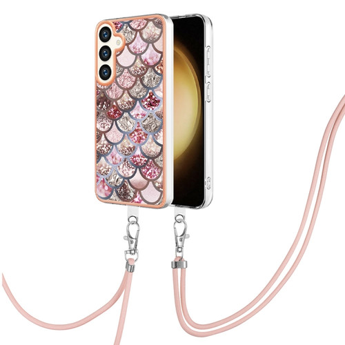 Samsung Galaxy S24 5G Electroplating Pattern IMD TPU Shockproof Case with Neck Lanyard - Pink Scales