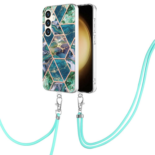 Samsung Galaxy S24 5G Electroplating IMD Splicing Dual-side Marble TPU Phone Case with Lanyard - Blue Green