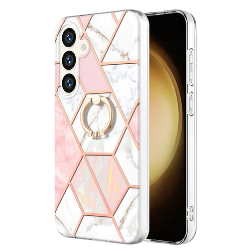 Samsung Galaxy S24 5G Splicing Marble Flower IMD TPU Phone Case Ring Holder - Pink White