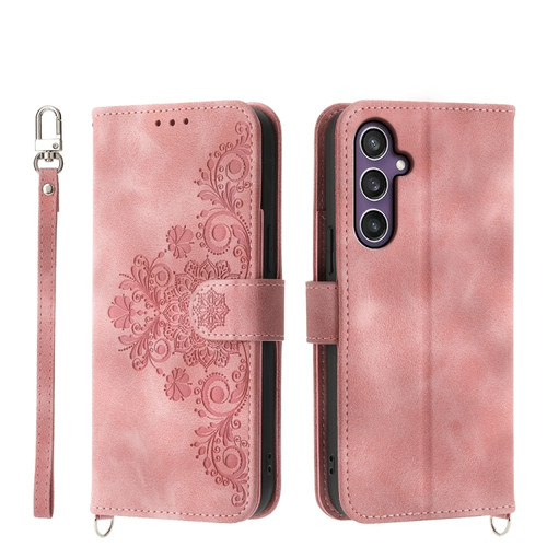 Samsung Galaxy S24 5G Skin-feel Flowers Embossed Wallet Leather Phone Case - Pink