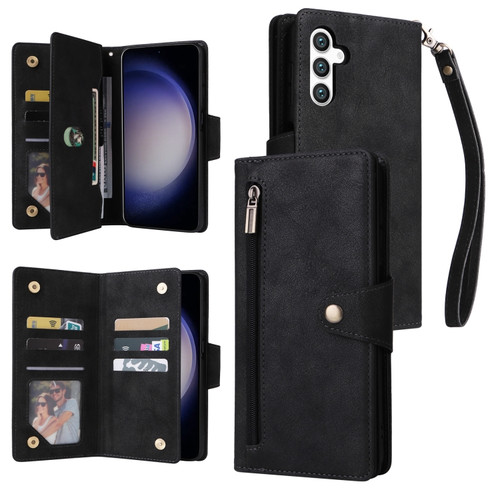 Samsung Galaxy S24 5G Rivet Buckle 9 Cards Three Fold Leather Phone Case - Black