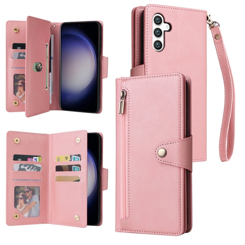 Samsung Galaxy S24 5G Rivet Buckle 9 Cards Three Fold Leather Phone Case - Rose Gold