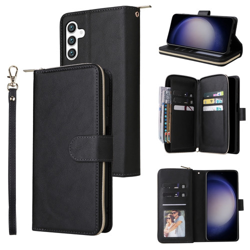 Samsung Galaxy S24 5G 9 Card Slots Zipper Wallet Bag Leather Phone Case - Black