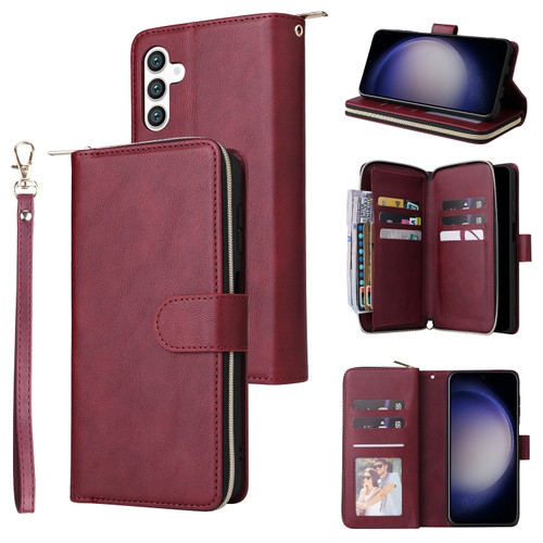 Samsung Galaxy S24 5G 9 Card Slots Zipper Wallet Bag Leather Phone Case - Wine Red