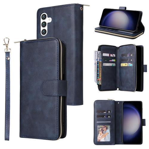 Samsung Galaxy S24 5G 9 Card Slots Zipper Wallet Bag Leather Phone Case - Blue