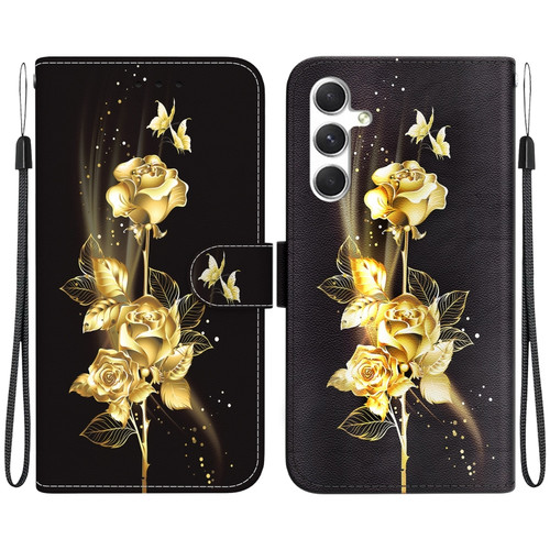 Samsung Galaxy S24 5G Crystal Texture Colored Drawing Leather Phone Case - Gold Butterfly Rose