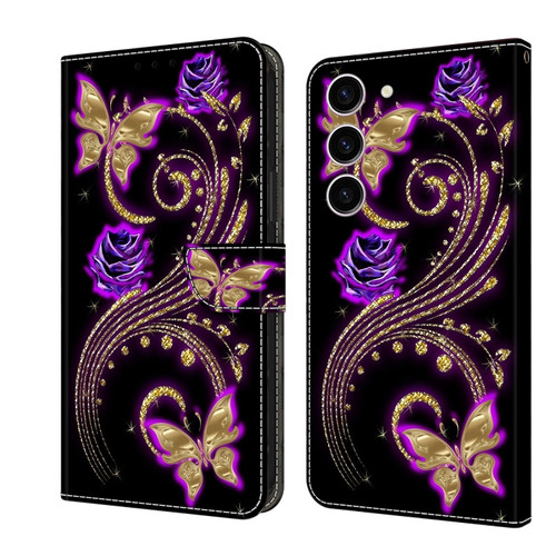 Samsung Galaxy S24 5G Crystal 3D Shockproof Protective Leather Phone Case - Purple Flower Butterfly