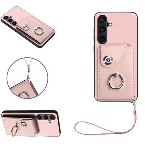 Samsung Galaxy S24 5G Organ Card Bag Ring Holder PU Phone Case with Lanyard - Pink