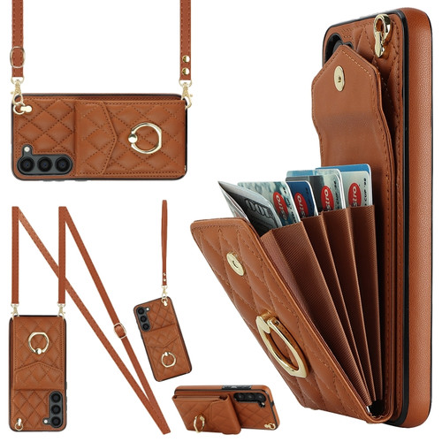 Samsung Galaxy S24 5G Rhombic Texture Card Bag Phone Case with Long Lanyard - Brown