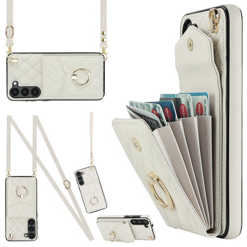 Samsung Galaxy S24 5G Rhombic Texture Card Bag Phone Case with Long Lanyard - White