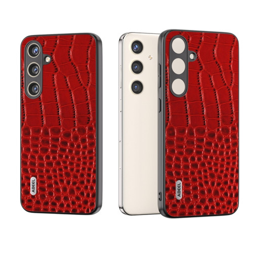 Samsung Galaxy S24 5G ABEEL Genuine Leather Crocodile Pattern Phone Case with Holder - Red