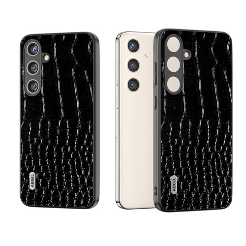 Samsung Galaxy S24 5G ABEEL Genuine Leather Crocodile Pattern Phone Case with Holder - Black