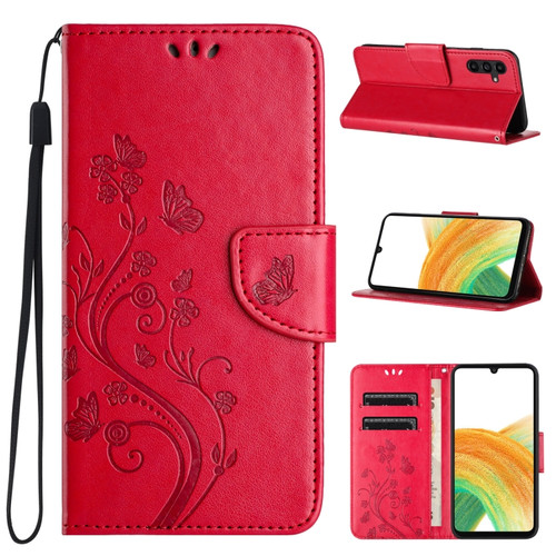 Samsung Galaxy S24 5G Butterfly Flower Pattern Flip Leather Phone Case - Red