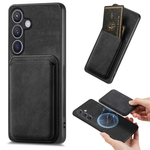 Samsung Galaxy S24 5G Retro Leather Card Bag Magnetic Phone Case - Black