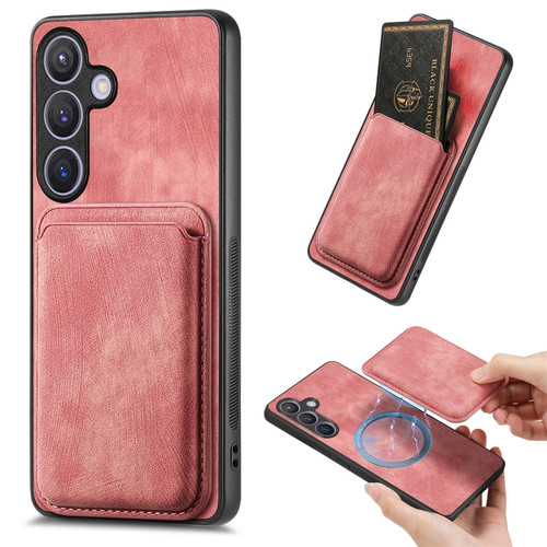 Samsung Galaxy S24 5G Retro Leather Card Bag Magnetic Phone Case - Pink