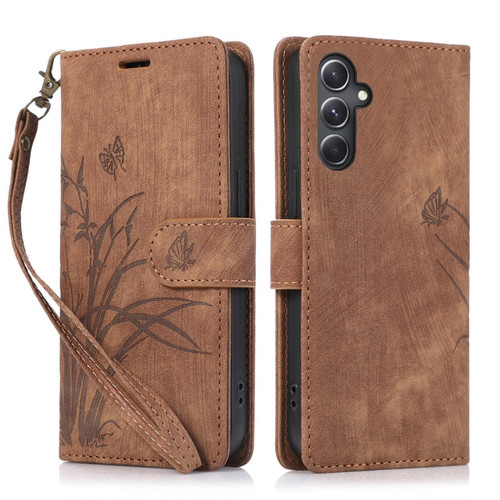 Samsung Galaxy S24 5G Orchid Butterfly Embossed Leather Phone Case - Brown