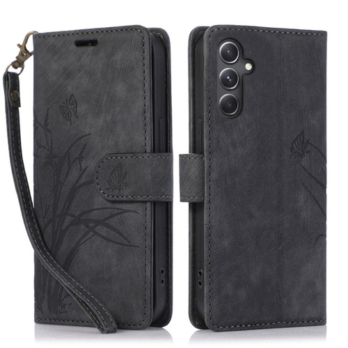 Samsung Galaxy S24 5G Orchid Butterfly Embossed Leather Phone Case - Black