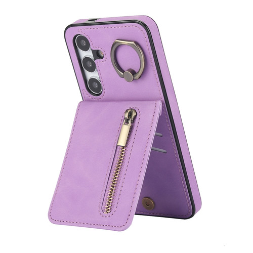 Samsung Galaxy S24 5G Retro Ring and Zipper RFID Card Slot Phone Case - Purple