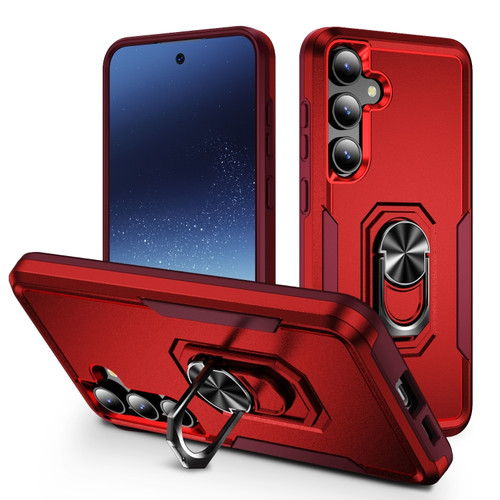 Samsung Galaxy S24 5G Pioneer Armor Heavy Duty PC + TPU Phone Case with Holder - Red+Rose Red