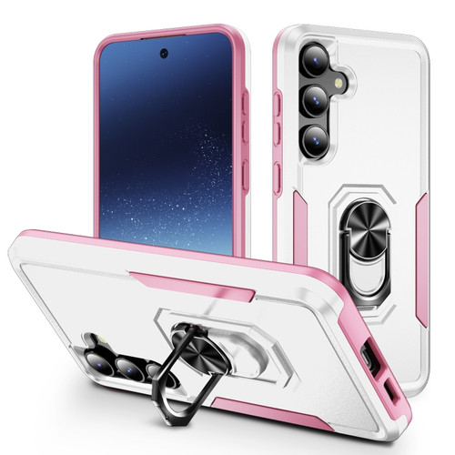 Samsung Galaxy S24 5G Pioneer Armor Heavy Duty PC + TPU Phone Case with Holder - White+Pink