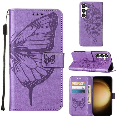 Samsung Galaxy S24 5G Embossed Butterfly Leather Phone Case - Purple