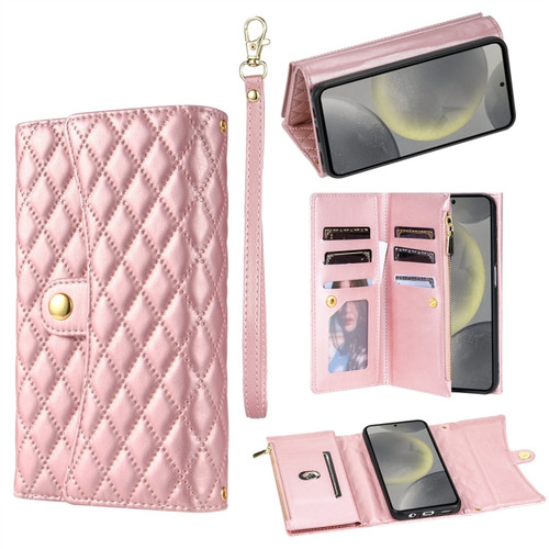 Samsung Galaxy S24 5G Zipper Multi-Card Wallet Rhombic Leather Phone Case - Rose Gold