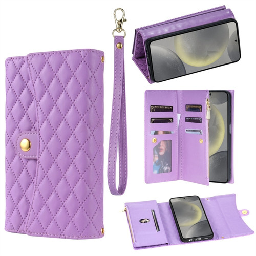 Samsung Galaxy S24 5G Zipper Multi-Card Wallet Rhombic Leather Phone Case - Purple