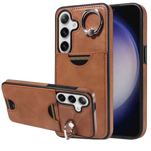 Samsung Galaxy S24 5G Calf Texture Card Slot Ring Holder Phone Case - Brown