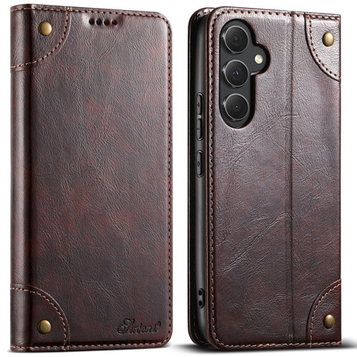 Samsung Galaxy S24 Ultra 5G Suteni Baroque Calf Texture Buckle Wallet Leather Phone Case - Brown