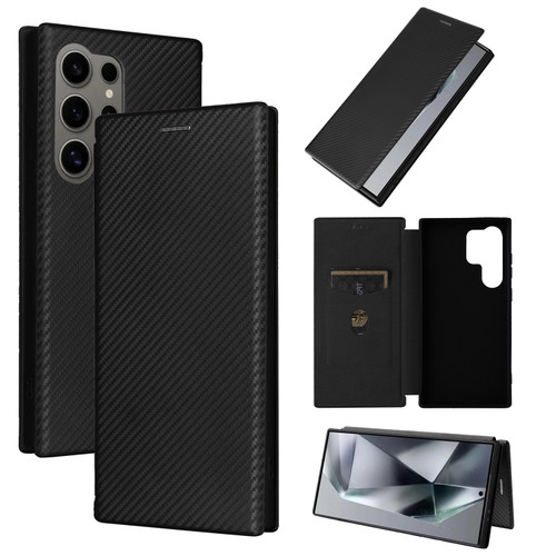 Samsung Galaxy S24 Ultra 5G Carbon Fiber Texture Flip Leather Phone Case - Black