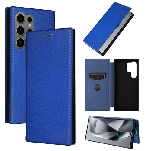 Samsung Galaxy S24 Ultra 5G Carbon Fiber Texture Flip Leather Phone Case - Blue