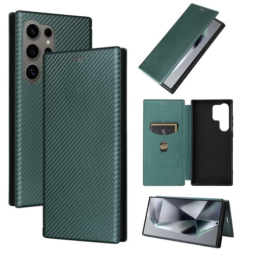 Samsung Galaxy S24 Ultra 5G Carbon Fiber Texture Flip Leather Phone Case - Green