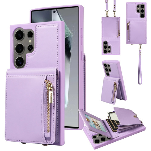 Samsung Galaxy S24 Ultra 5G Crossbody Lanyard Zipper Wallet Leather Phone Case - Purple