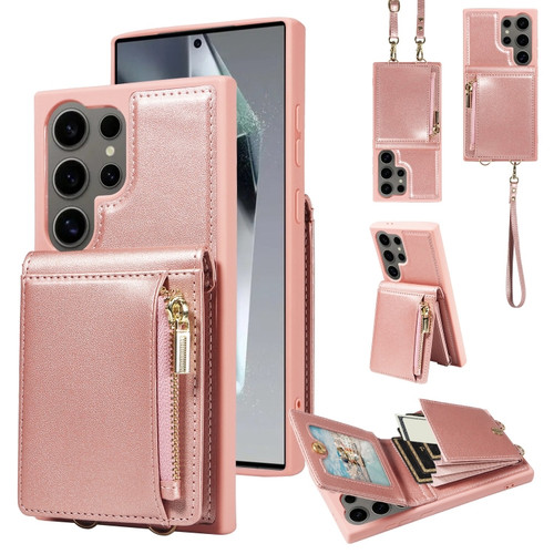 Samsung Galaxy S24 Ultra 5G Crossbody Lanyard Zipper Wallet Leather Phone Case - Rose Gold