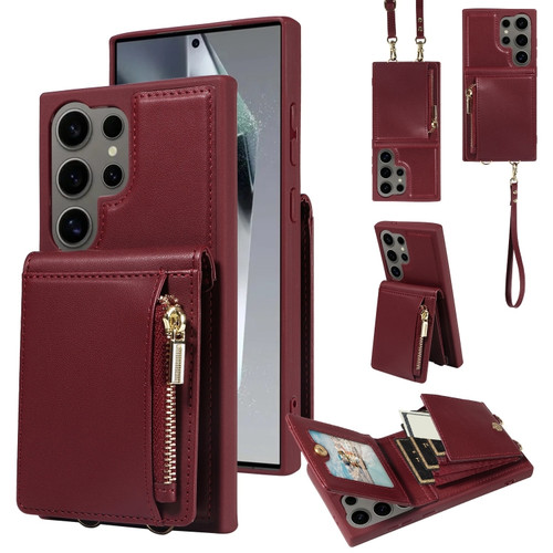 Samsung Galaxy S24 Ultra 5G Crossbody Lanyard Zipper Wallet Leather Phone Case - Wine Red