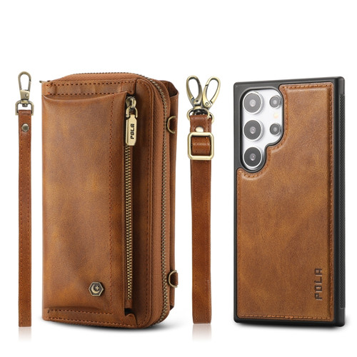 Samsung Galaxy S24 Ultra 5G Crossbody Multi-functional Zipper Wallet Leather Phone Case - Brown