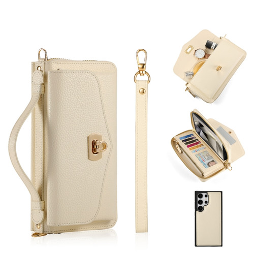 Samsung Galaxy S24 Ultra 5G Crossbody Multi-functional Zipper Wallet Litchi Leather Phone Case - Beige