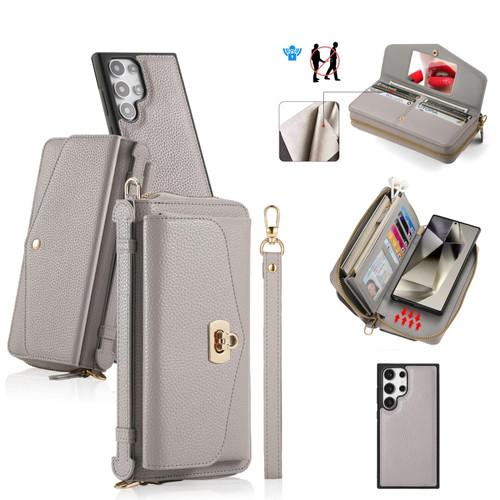 Samsung Galaxy S24 Ultra 5G Crossbody Multi-functional Zipper Wallet Litchi Leather Phone Case - Grey