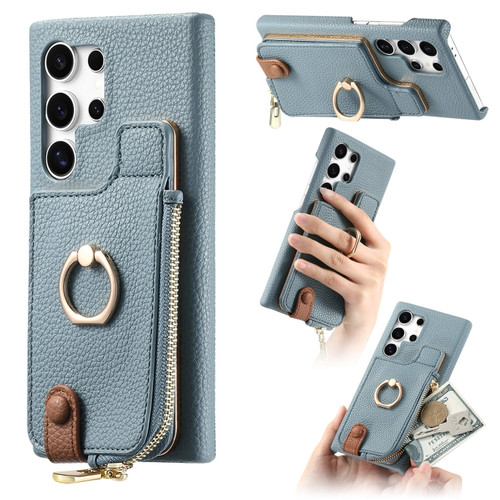 Samsung Galaxy S24 Ultra 5G Litchi Leather Oil Edge Ring Zipper Wallet Back Phone Case - Blue