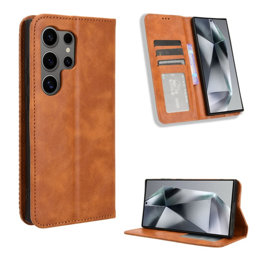 Samsung Galaxy S24 Ultra 5G Magnetic Buckle Retro Texture Leather Phone Case - Brown