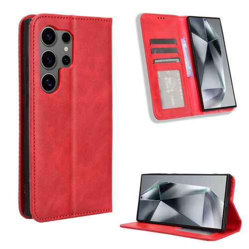 Samsung Galaxy S24 Ultra 5G Magnetic Buckle Retro Texture Leather Phone Case - Red