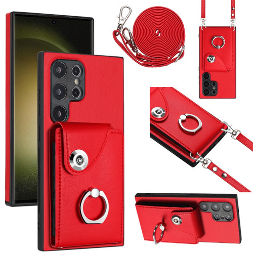 Samsung Galaxy S24 Ultra 5G Organ Card Bag Ring Holder Phone Case with Long Lanyard - Red