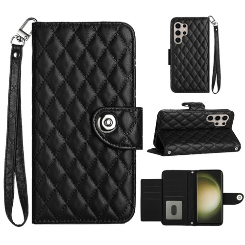 Samsung Galaxy S24 Ultra 5G Rhombic Texture Flip Leather Phone Case with Lanyard - Black